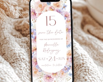Wildflower Quinceañera Save the Date, Digital Mis Quince Anos, 15th Birthday Party Celebration Invite, Digital Pink Purple Quince Evite, EF3