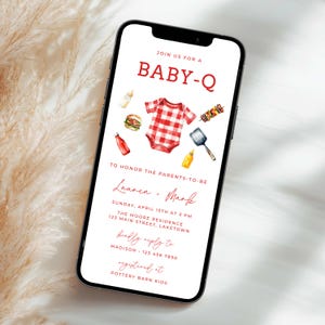 Baby-Q ベビーシャワー招待状（携帯電話用）、Baby Q 裏庭カップル向けベビースプリンクル招待状、ベビーバーベキューパーティー招待状、バーベキューベビーシャワー招待状、MI8