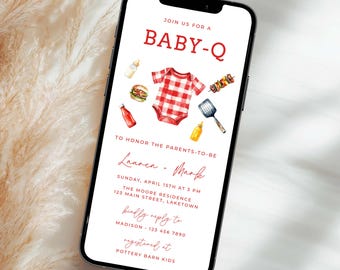 Baby-Q babyshoweruitnodiging voor telefoon, baby Q achtertuin koppels babystrooiseluitnodiging, baby-barbecue-feestje, BBQ-babyshower evite, MI8