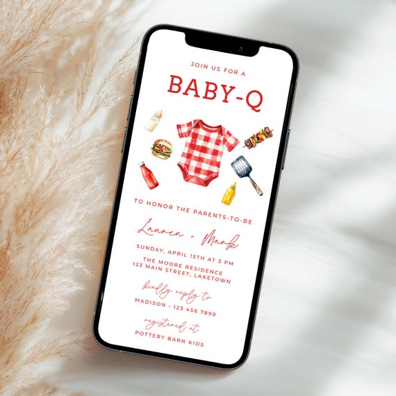 Baby-Q Baby Shower Invitation for Phone, Baby Q Backyard Couples Baby Sprinkle Invite, Baby BBQ Party Evite, BBQ Baby Shower Evite, MI8