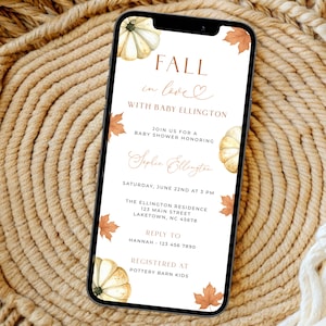 Verlieben Sie sich in der Liebe Baby Shower Einladung für Telefon, Herbst Kürbis Baby Shower Evite, Falling in Love with Baby Shower Invite Template, PW1