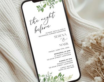 Greenery Rehearsal Dinner Invitation for Phone, Herbal Dinner Invite Template, Eucalyptus The Night Before Wedding Rehearsal Evite, GR2
