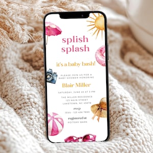 Splish Splash Baby Bash Girl Baby Shower Invitation, Girl Summer Baby Shower Invite Template, Pink Beach Summer Baby Shower Evite, SP1