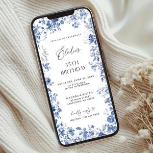 Invito per il 35° compleanno in toile de jouy francese per telefono, invito di compleanno floreale in toile de jouy blu, invito di compleanno in stile chinoiserie vintage ed elegante, TI2