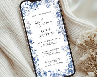 French Toile 60th Birthday Invite for Phone, Floral Blue Toile de Jouy Birthday Invitation, Vintage Elegant Chinoiserie Birthday Evite, TI2