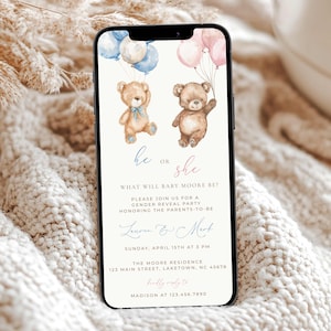 Teddy Bear Invitation Gender Reveal, Bear Gender Reveal Evite, Electronic Gender Reveal Invite for Phone, Teddy Bear He or She Invite