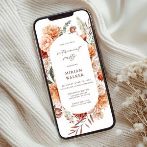 Faire-part de retraite floral bohème, invitation de retraite numérique herbe de la pampa, evite retraite femmes, faire-part d'adieu fleur, WF4