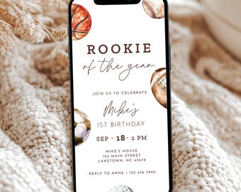 Rookie of the Year Sports First Birthday Invitation, Sports 1st Birthday Invite for Boy, Rookie Year Baseball First Birthday Evite, MJ1