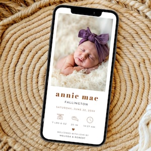 Plantilla de mensaje de texto para anuncio de nacimiento con foto, tarjeta digital minimalista para anuncio de nacimiento, plantilla moderna para anuncio de recién nacido, MZ3
