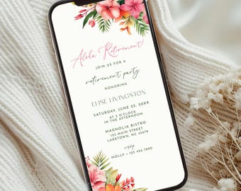 Aloha Retirement Party Invitation for Phone, Summer Luau Retirement Party Evite, Hawaiian Tropical Retirement Celebration Invite, TF1