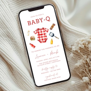 May include: A digital baby shower invitation with a red and white gingham baby onesie, a hamburger, a bottle of ketchup, a bottle of mustard, a spatula, and a skewer of grilled food. The text reads "Join us for a Baby-Q to honour the parents-to-be Lauren & Mark. Sunday, April 15th at 3 PM. The Moore Residence, 123 Main Street, Laketown. Kindly reply to Madison 123 456 7890. Registered at Pottery Barn Kids."