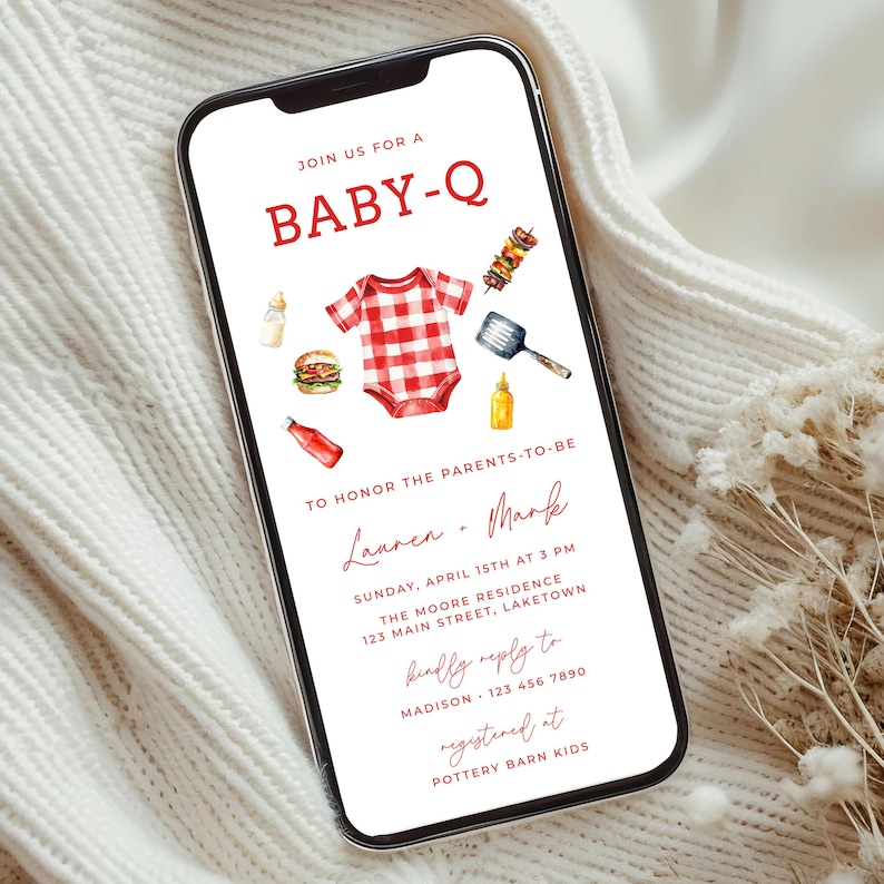 May include: A digital baby shower invitation with a red and white gingham baby onesie, a hamburger, a bottle of ketchup, a bottle of mustard, a spatula, and a skewer of grilled food. The text reads "Join us for a Baby-Q to honour the parents-to-be Lauren & Mark. Sunday, April 15th at 3 PM. The Moore Residence, 123 Main Street, Laketown. Kindly reply to Madison 123 456 7890. Registered at Pottery Barn Kids."