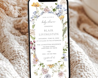 Wildflower Baby Shower Evite, Girl Wildflower Baby Shower Digital Invitation for Phone, Wildflower Baby Shower Electronic Invite,  ME1