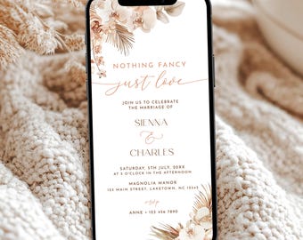 Nothing Fancy Just Love Invitation Template, Tropical Beige Palm Leaf Elopement Reception Invite for Phone, Boho Micro Wedding Evite SI1