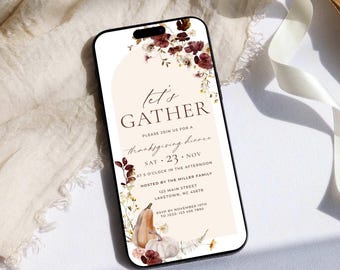 Getrocknete Blumen Thanksgiving-Dinner Digitale Einladung, Kürbis Erntedank Evite Vorlage, Boho Textnachricht Erntedank einladen, FF1