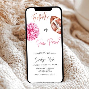 Football or Pom Pom Gender Reveal Invitation by Text, Footballs or Pom Poms Digital Invite, Touchdowns Gender Reveal Evite, He or She Evite