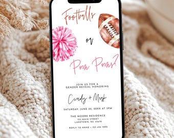 Football or Pom Pom Gender Reveal Invitation by Text, Footballs or Pom Poms Digital Invite, Touchdowns Gender Reveal Evite, He or She Evite