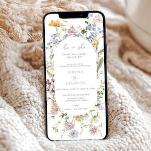 Wildflower Gender Reveal Invitation for Phone, Meadow Floral Digital Invitation Gender Reveal, Wildflowers He or She Evite for Phone, ME1