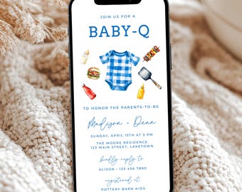 Baby-Q Junge-Babyparty-Einladung für Telefon, Baby Q Backyard Baby Sprinkle Invite, Blue Baby BBQ Party Evite, BBQ Baby Shower Evite, MI8