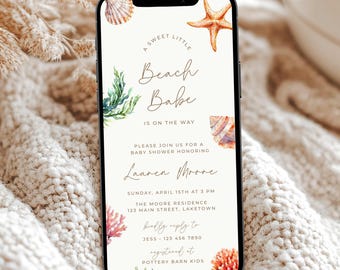 Boho Beach Baby Shower Invitation for Phone, Digital Coastal Baby Shower Invite, A Little Beach Babe Is On The Way Baby Shower Evite, BB5