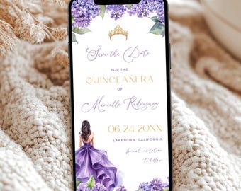 Lilac Quinceañera Save the Date Phone, Digital Lavender Gold Mis XV Save the Date Template, Electronic Mis Quince Save the Date by Text, LF1