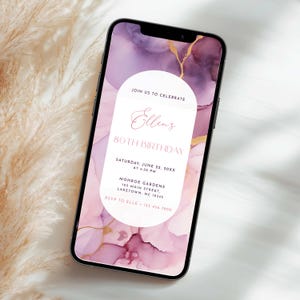 80th Birthday Invitation Template for Phone, Purple Gold Pink 80th Birthday Invitation, Shades of Purple 80th Birthday Dinner Invite, PI2