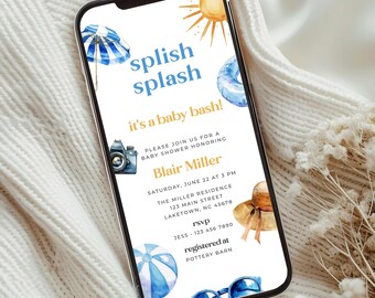 Splish Splash Baby Bash Boy Baby Shower Invitation, Boy Summer Baby Shower Invite Template, Blue Beach Summer Baby Shower Evite, SP1