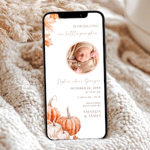 Little Pumpkin Newborn Announcement for Phone, Fall Birth Announcement with Photo, Autumn Baby Announcement Text Message Template, PP3