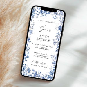 French Toile 100th Birthday Invite for Phone, Floral Blue Toile de Jouy Birthday Invitation, Vintage Elegant Chinoiserie Birthday Evite, TI2