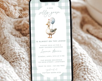 Invito digitale per baby shower "Silly Goose", modello modificabile per invito baby shower "Gender Neutral Mint", invito baby shower "Gingham Goose"