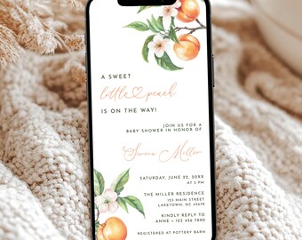 May include: A peach-themed baby shower invitation with a peach blossom illustration and the text "A sweet little peach is on the way!"  Join us for a baby shower in honor of Serena Miller. Saturday, June 22, 20XX at 3 PM. The Miller Residence, 123 Main Street, Laketown, NC 45678. Kindly reply to Anne 123 456 7890. Registered at Pottery Barn.