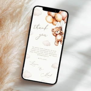 Carte de remerciement numérique pour baby shower, mot de remerciement électronique ours, merci pour votre téléphone, modèle de carte de remerciement ballons ours brun, TB3