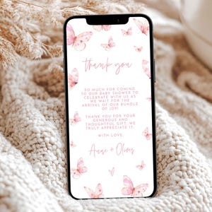 Modèle de remerciement numérique pour shower de bébé papillon rose, modèle de remerciement électronique pour baby shower, remerciement pour baby shower, modèle de carte de remerciement modifiable BB1