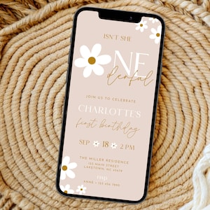 Daisy 1st Birthday Party Invitation for Phone, Boho First Birthday Invite for Girl, Daisy Birthday Theme Onederful 1st Birthday Evite, WD1