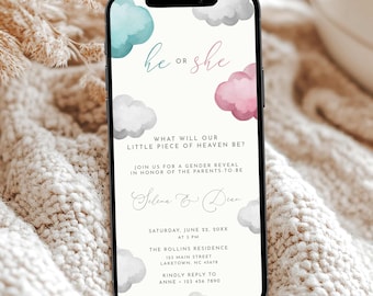 Digital Little Piece of Heaven Gender Reveal Invitation, Heaven Sent Gender Reveal Invitate Template,  Pink Blue Clouds Reveal Evite, CL0