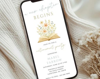 New Chapter Begins Retirement Party Invitation, Digital Storybook Retirement Invite Editable Template, Wildflower Teacher Retirement Evite