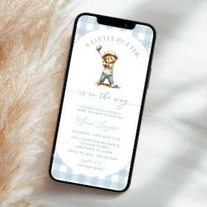 Blue Golf Baby Shower Invitation, Digital A Little Putter On the Way Invite Template, Blue Gingham Golf Baby Shower Evite, Editable Template