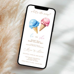 C'est quoi le scoop, faire-part révéler le sexe sur le thème de la crème glacée pour téléphone, modèle d'invitation lui ou elle pour garçon ou fille MI7