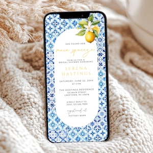Elle a trouvé sa carte numérique principale Squeeze Evite, faire-part de douche nuptiale Squeeze carreaux bleus pour téléphone, invitation électronique de douche nuptiale citron, CT1