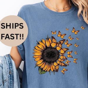 Sunflower Butterfly Shirt|Vintage Style Tee| Nature Lovers| Eco-Friendly Summer Flower Shirt Gift