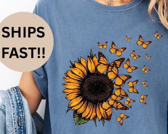 Sunflower Butterfly Shirt|Vintage Style Tee| Nature Lovers| Eco-Friendly Summer Flower Shirt Gift