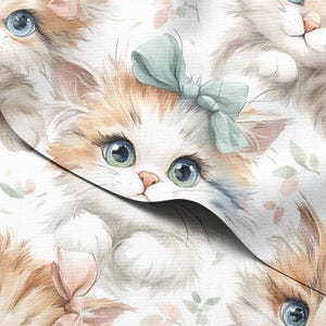 May include: Watercolor illustration of adorable kittens with blue-green eyes and soft fur. The kittens have white, orange, and brown fur, and some wear bows. The background features subtle floral accents, creating a whimsical and charming design.