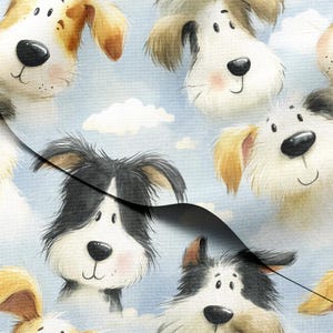 May include: A repeating pattern of cartoon dog faces with various fur colors, including brown, black, and white, against a light blue sky with white clouds. The dogs have expressive eyes and pink cheeks, creating a whimsical and cheerful design.