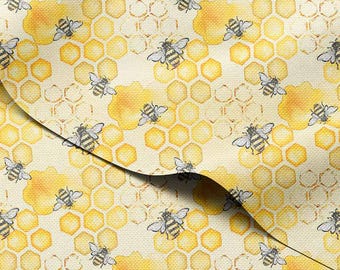 Tissu d'extérieur imperméable par mètre - Imprimé nid d'abeilles et abeilles jaunes, 59 po. de large (150 cm)