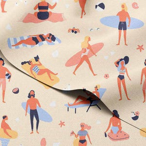 May include: A beige fabric featuring a repeating pattern of beach scenes. The illustrations include people in swimwear, surfboards, beach balls, and other beach-related elements. The design has a summery, holiday theme.