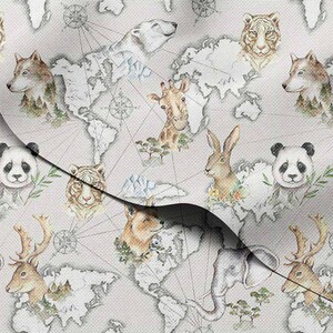 Mapa del mundo de tela impermeable sobre fondo gris claro para fundas, bolsos, manteles y decoraciones.