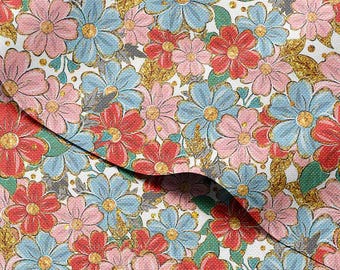 Waterproof Outdoor Fabric by the Yard – Vintage Floral Red Pink Blue with Gold Accents Print 59in Wide (150cm)