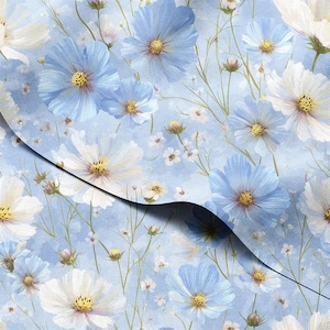 Waterdichte buitenstof op maat gesneden – hemelsblauwe kosmos-aquarelweideprint, 150 cm breed