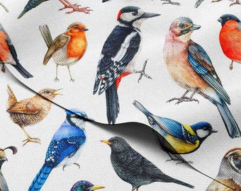 Tissu d'extérieur imperméable par mètre - Imprimé d'oiseaux colorés réalistes, 59 po. de large (150 cm)