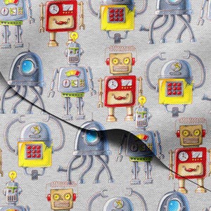 Peut inclure: Motif répété de robots colorés sur fond gris clair. Les robots, aux couleurs vives, présentent des détails tels que des cadrans, des lumières et des moustaches. Le design est fantaisiste et ludique, idéal pour les enfants.